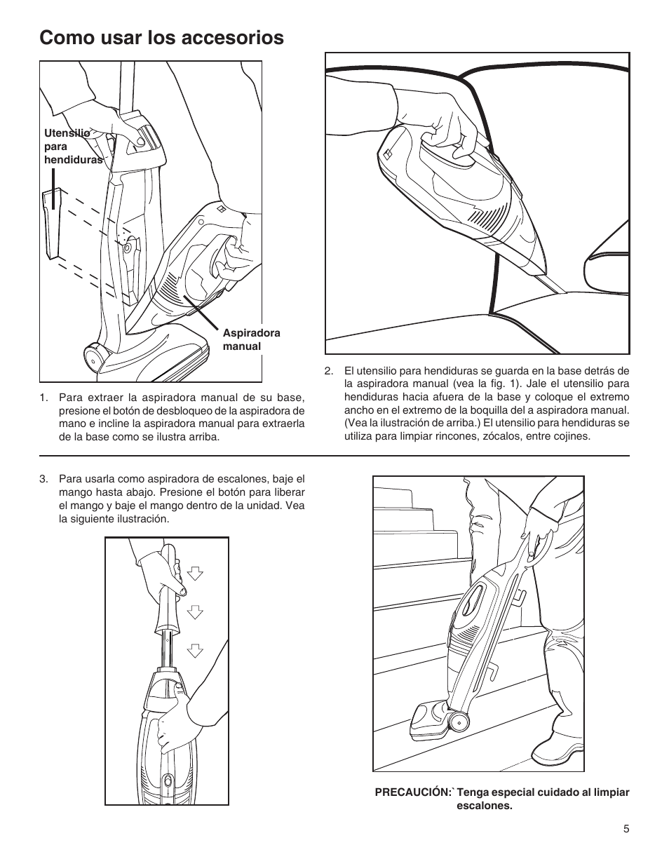 Como usar los accesorios | Eureka 100-110 User Manual | Page 13 / 26