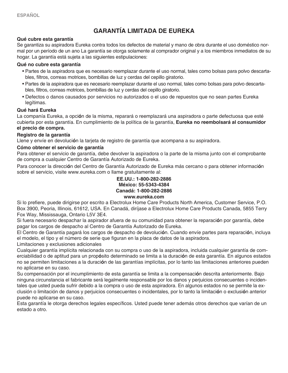 Garantía limitada de eureka | Eureka 100-110 User Manual | Page 16 / 26