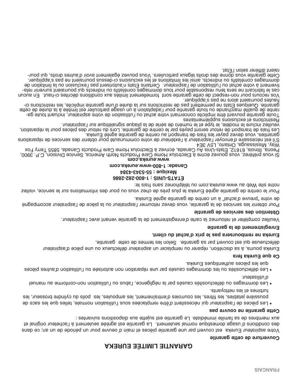 Garantie limitée eureka | Eureka 100-110 User Manual | Page 19 / 26