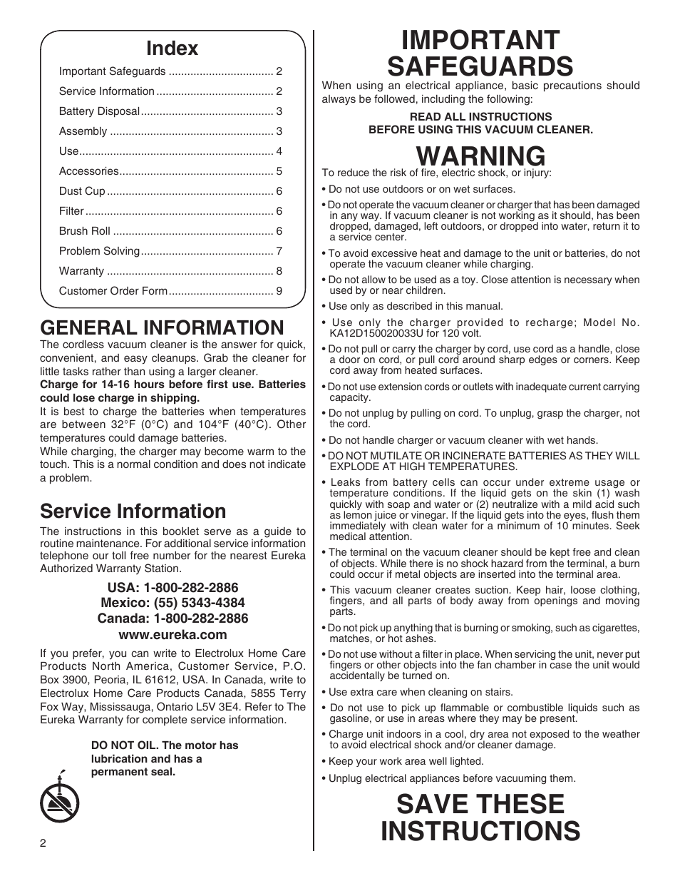 Important safeguards, Warning, Save these instructions | Index, General information, Service information | Eureka 100-110 User Manual | Page 2 / 26