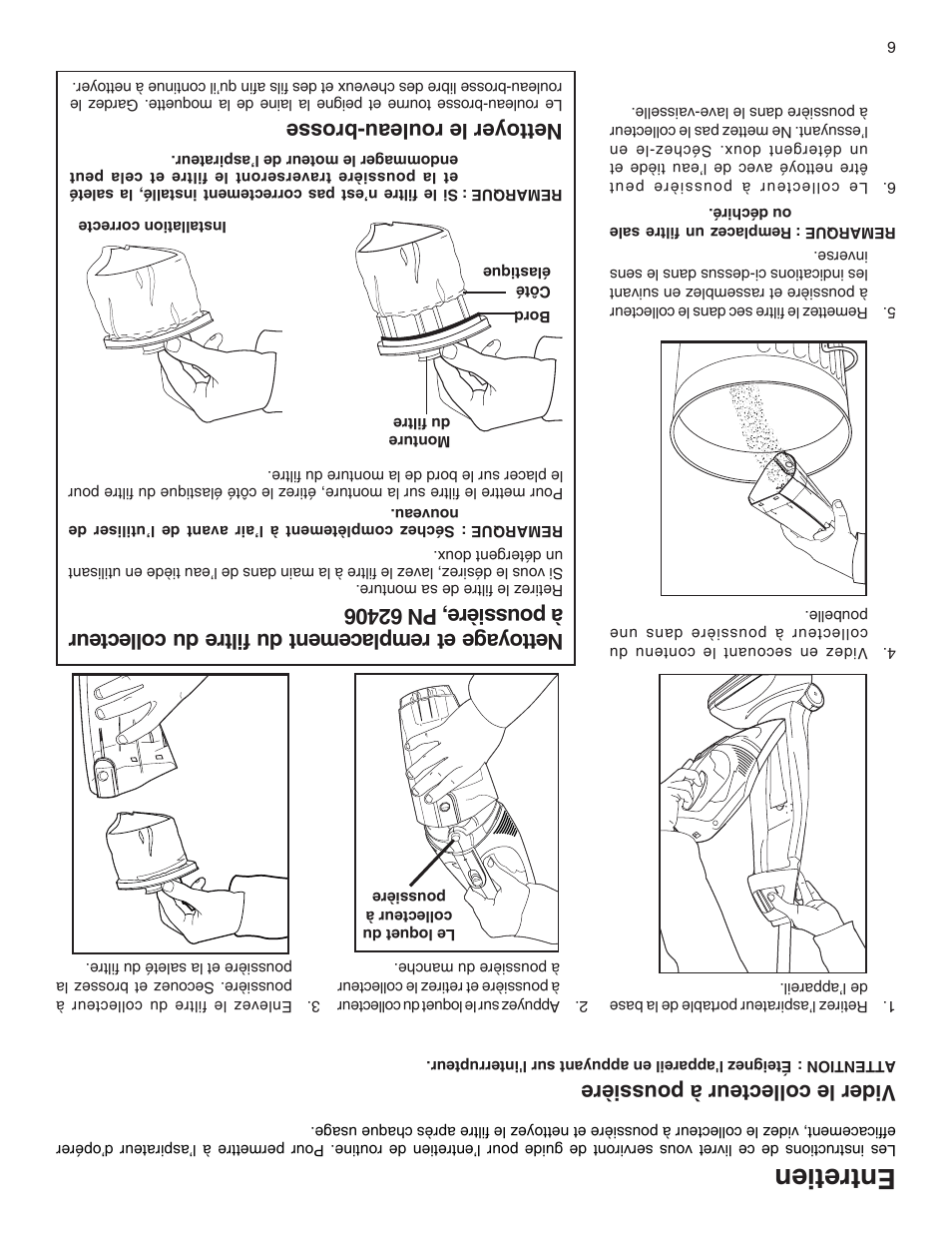 Entretien, Vider le collecteur à poussière, Nettoyer le rouleau-brosse | Eureka 100-110 User Manual | Page 21 / 26