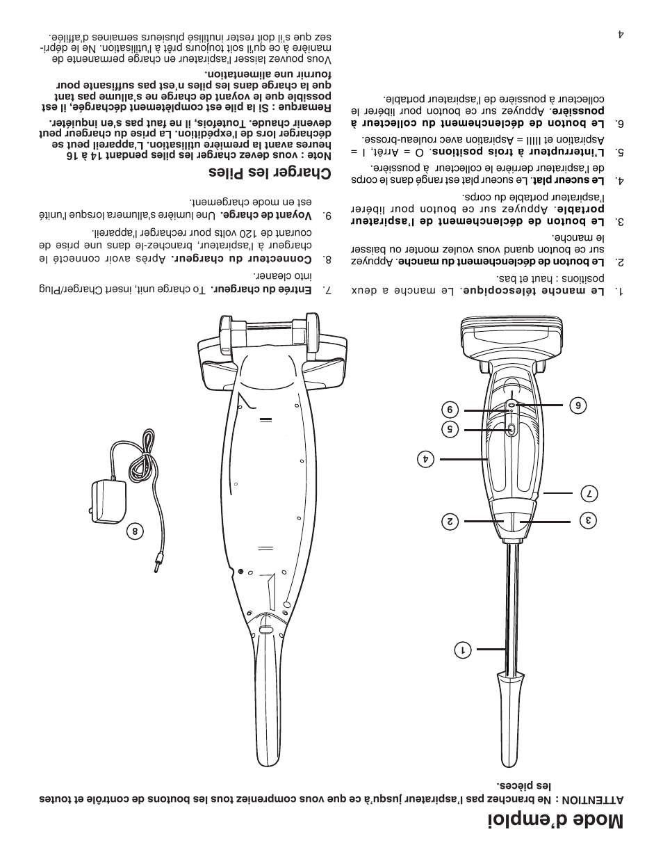 Mode d’emploi, Charger les piles | Eureka 100-110 User Manual | Page 23 / 26