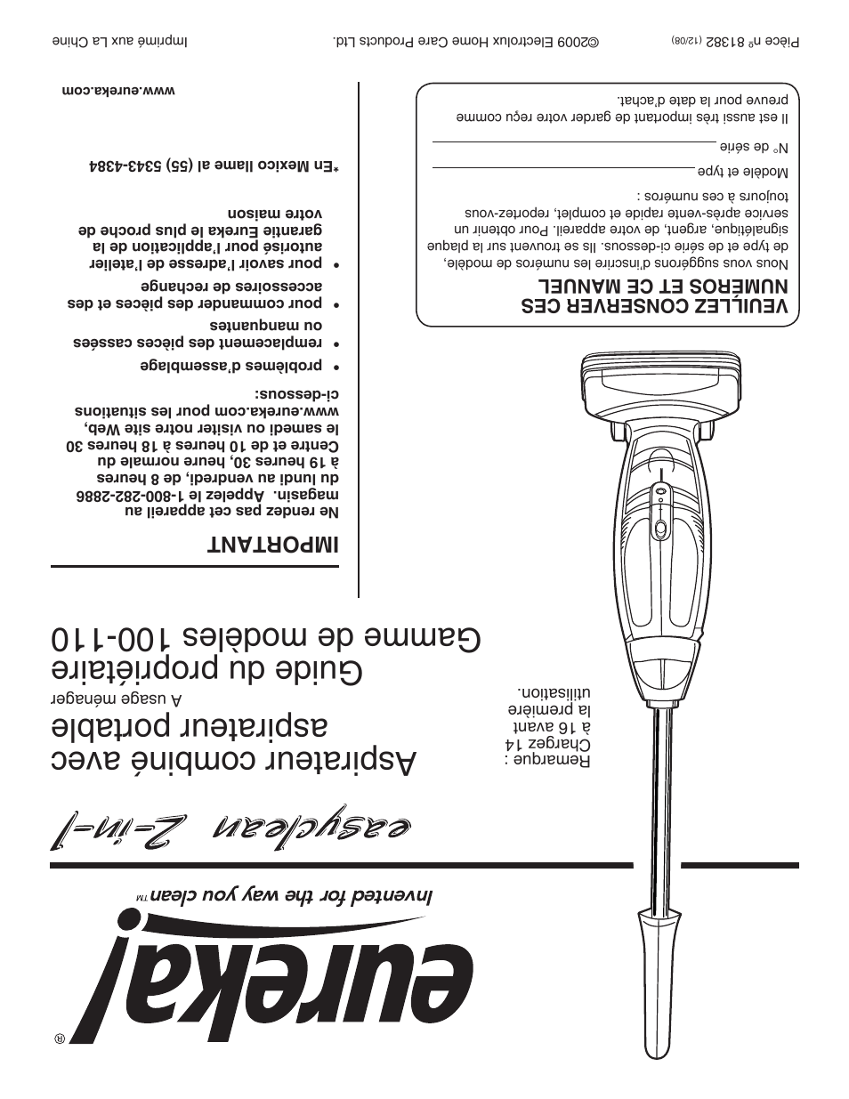 Aspirateur combiné avec aspirateur portable, Important | Eureka 100-110 User Manual | Page 26 / 26