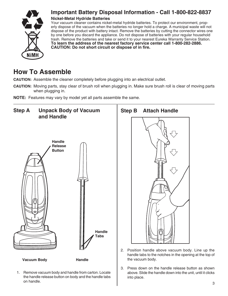 How to assemble, Step a unpack body of vacuum and handle, Step b attach handle | Eureka 100-110 User Manual | Page 3 / 26