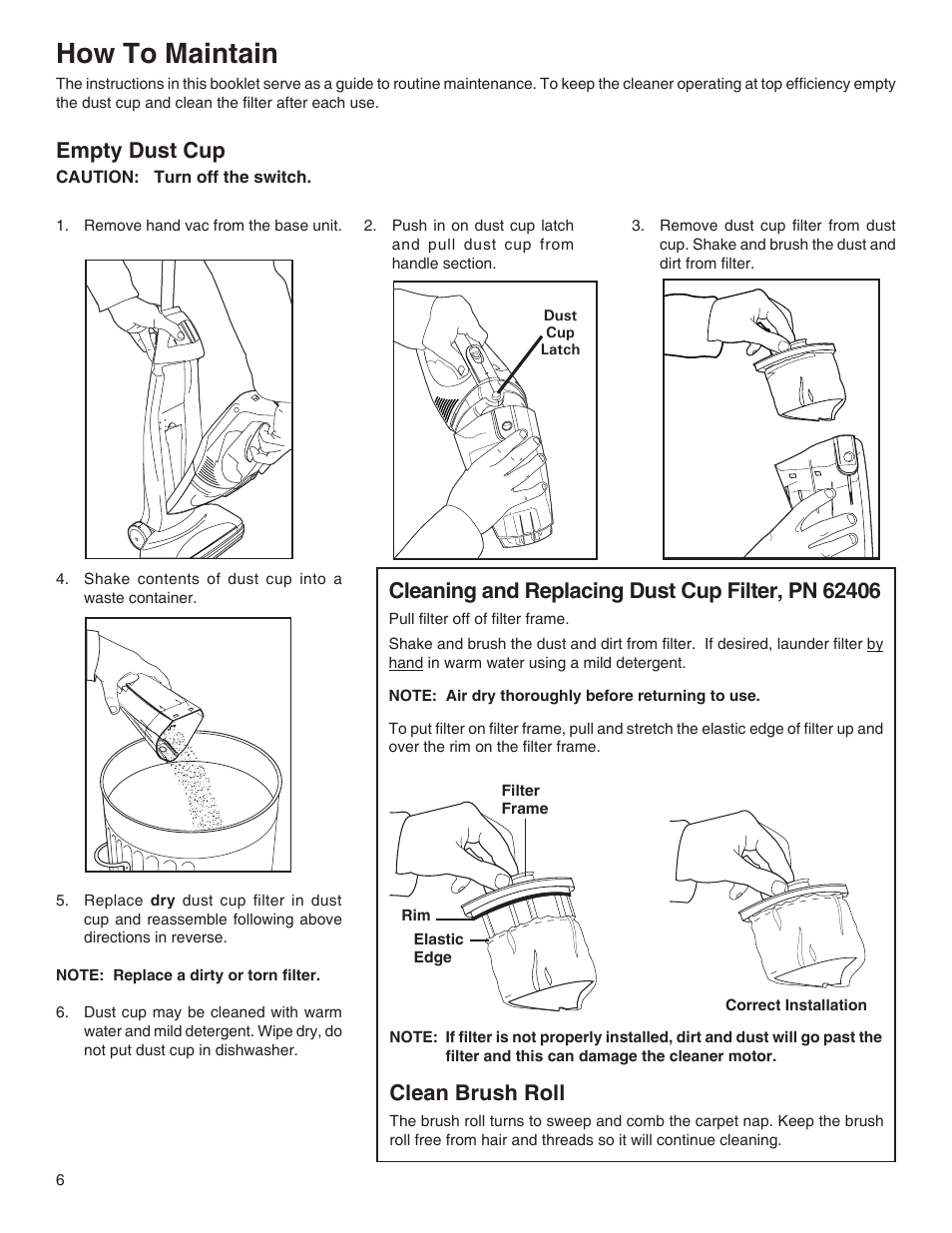How to maintain, Empty dust cup, Clean brush roll | Eureka 100-110 User Manual | Page 6 / 26