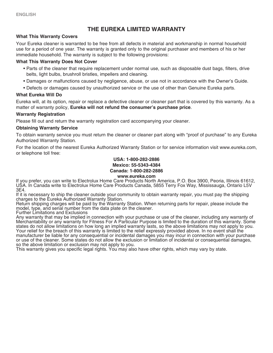 The eureka limited warranty | Eureka 100-110 User Manual | Page 8 / 26