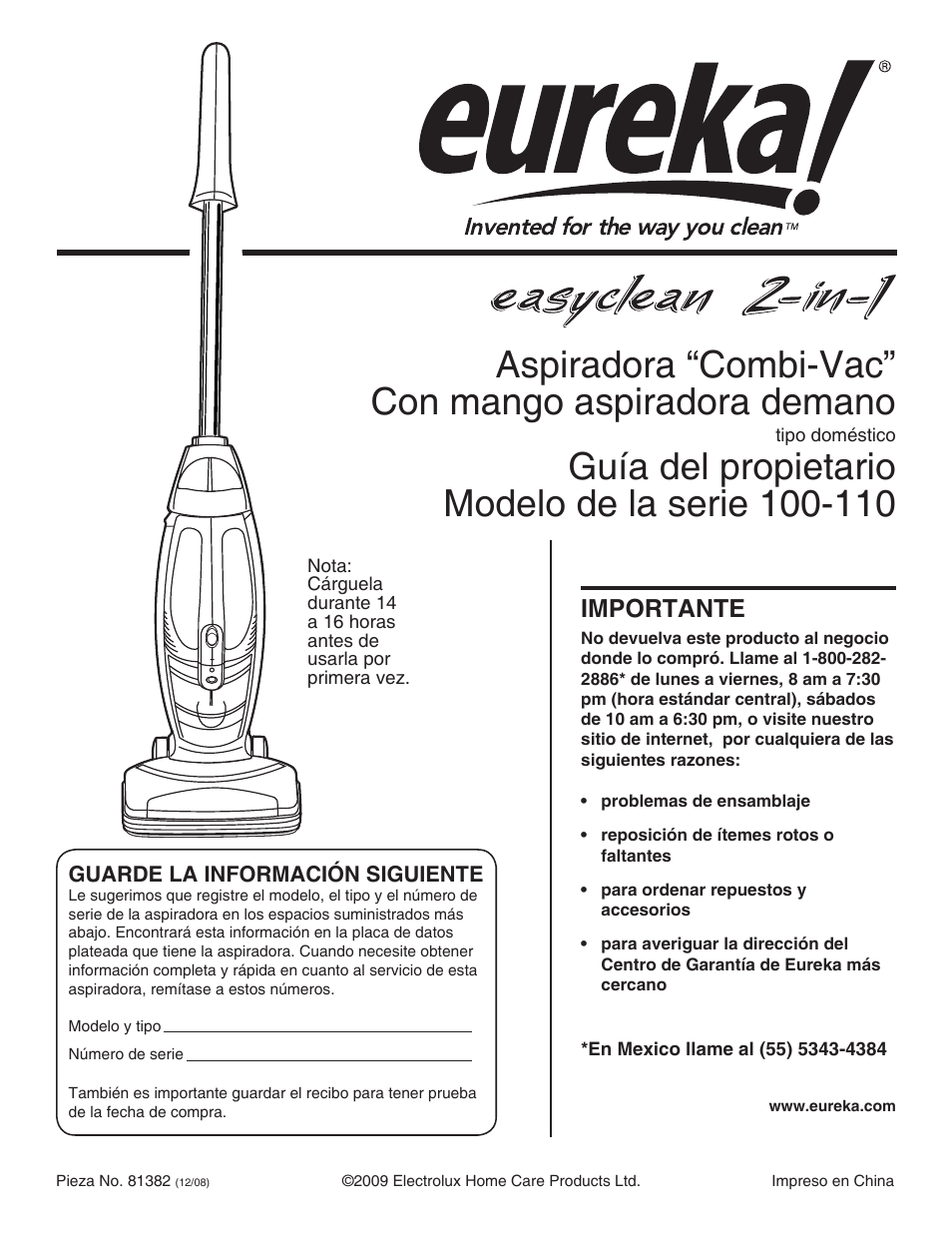 Aspiradora “combi-vac” con mango aspiradora demano, Importante | Eureka 100-110 User Manual | Page 9 / 26
