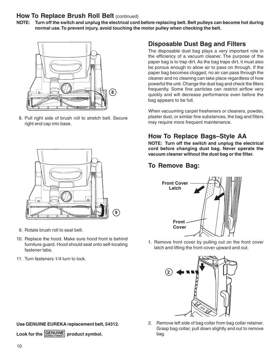 Disposable dust bag and filters, How to replace brush roll belt, How to replace bags–style aa | Eureka 4500 User Manual | Page 10 / 16