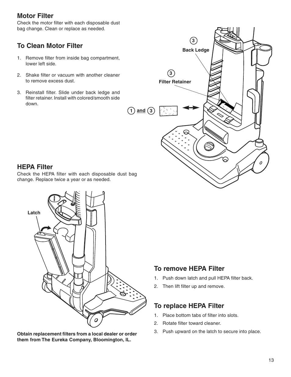 Motor filter, Hepa filter | Eureka 4500 User Manual | Page 13 / 16