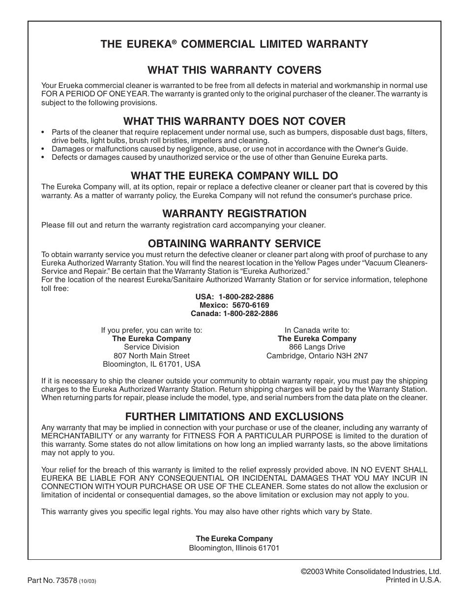 The eureka, What this warranty does not cover, What the eureka company will do | Warranty registration, Obtaining warranty service, Further limitations and exclusions | Eureka 4500 User Manual | Page 16 / 16