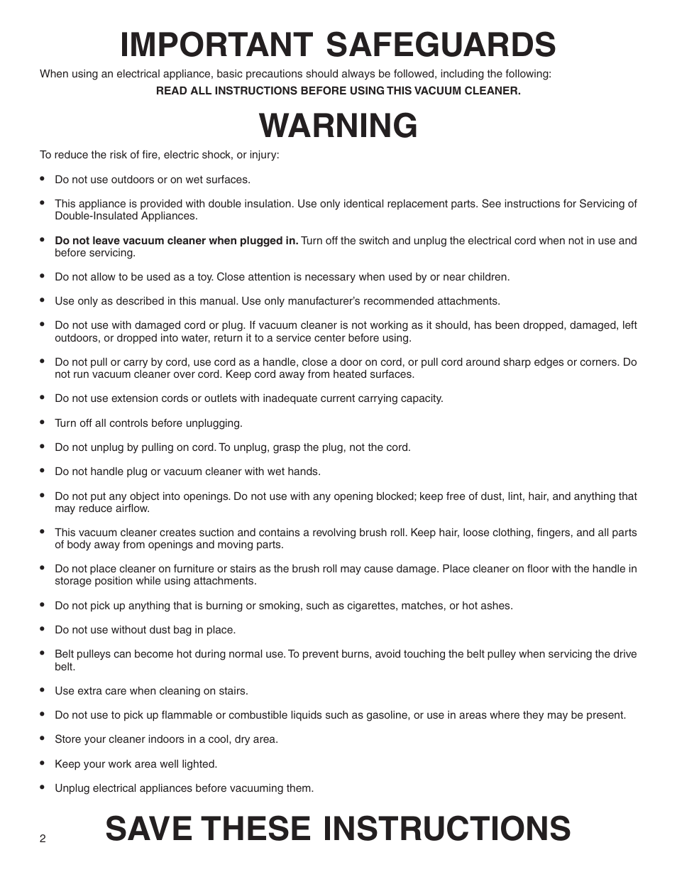 Important safeguards, Warning, Save these instructions | Eureka 4500 User Manual | Page 2 / 16