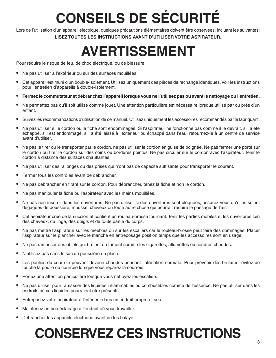 Conseils de sécurité, Avertissement, Conservez ces instructions | Eureka 4500 User Manual | Page 3 / 16