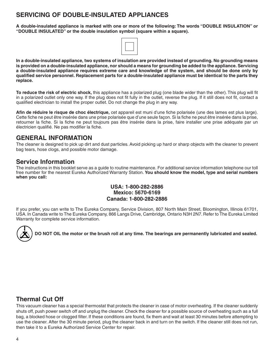 General information, Service information, Thermal cut off | Servicing of double-insulated appliances | Eureka 4500 User Manual | Page 4 / 16