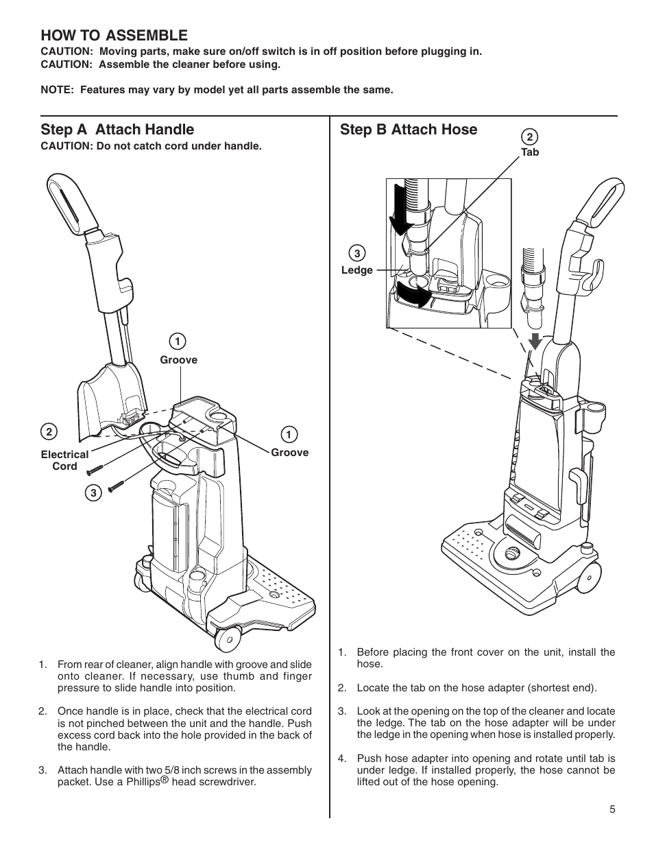 How to assemble, Step a attach handle, Step b attach hose | Eureka 4500 User Manual | Page 5 / 16