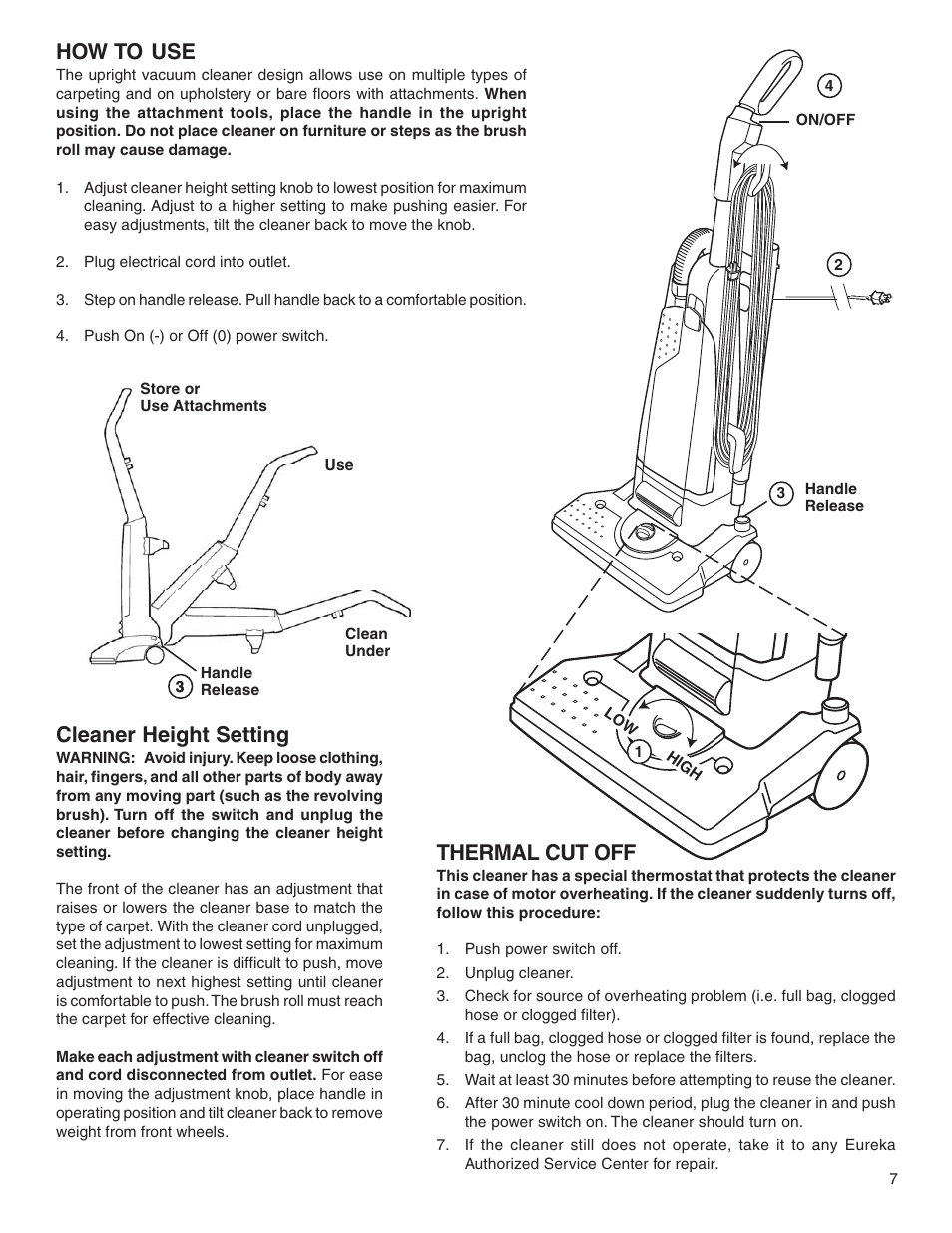 How to use, Cleaner height setting, Thermal cut off | Eureka 4500 User Manual | Page 7 / 16