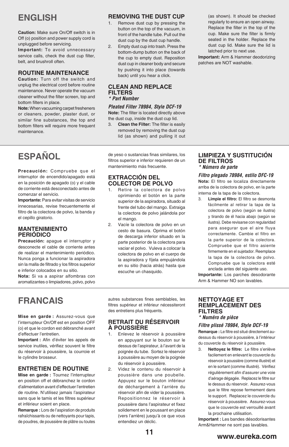English, Español, Francais | Eureka 450 User Manual | Page 11 / 22