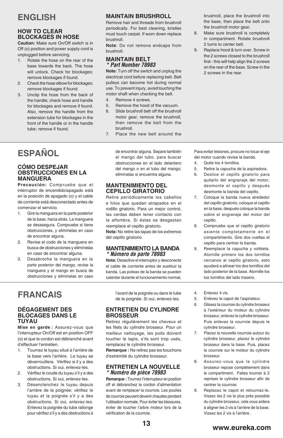 English, Español, Francais | Eureka 450 User Manual | Page 13 / 22