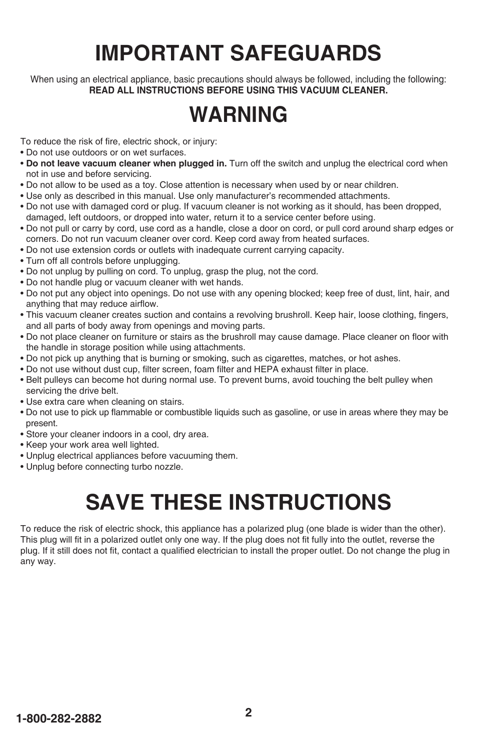 Important safeguards, Warning, Save these instructions | Eureka 450 User Manual | Page 2 / 22