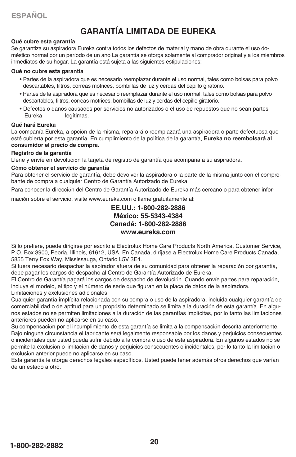 Garantía limitada de eureka | Eureka 450 User Manual | Page 20 / 22