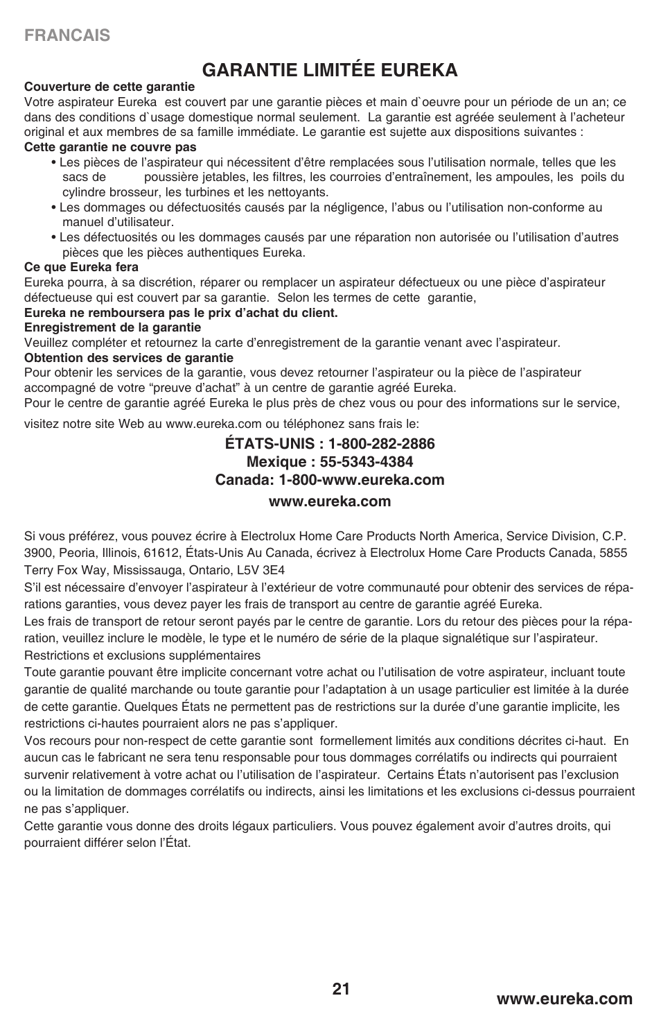 Garantie limitée eureka | Eureka 450 User Manual | Page 21 / 22