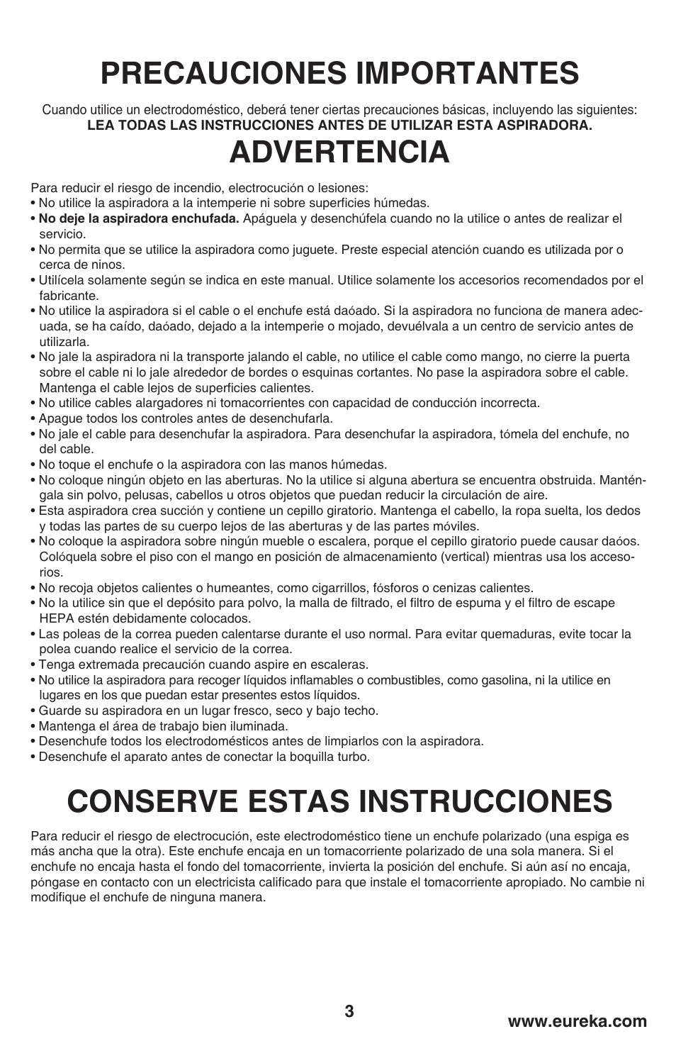 Precauciones importantes, Advertencia, Conserve estas instrucciones | Eureka 450 User Manual | Page 3 / 22