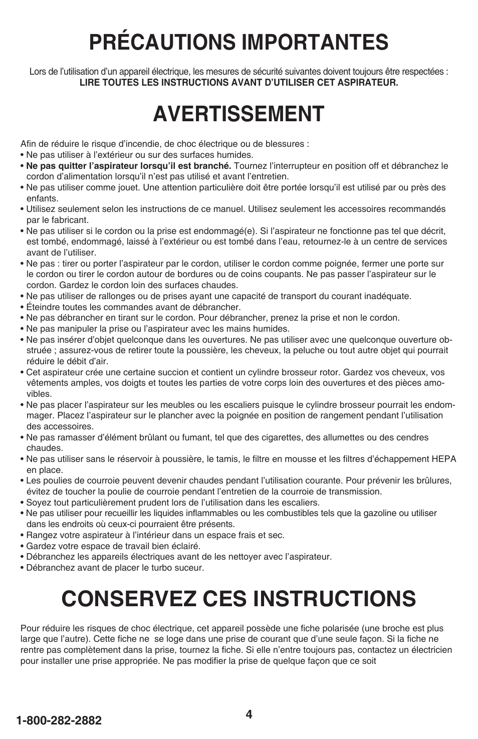 Précautions importantes, Avertissement, Conservez ces instructions | Eureka 450 User Manual | Page 4 / 22