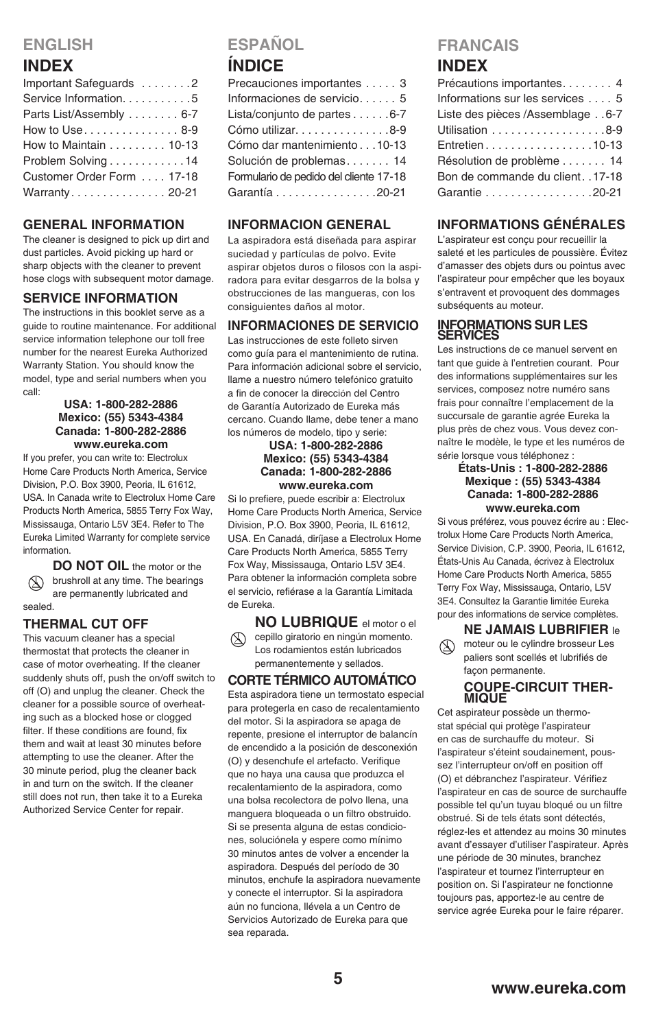 Index, Índice, English español francais | No lubrique | Eureka 450 User Manual | Page 5 / 22