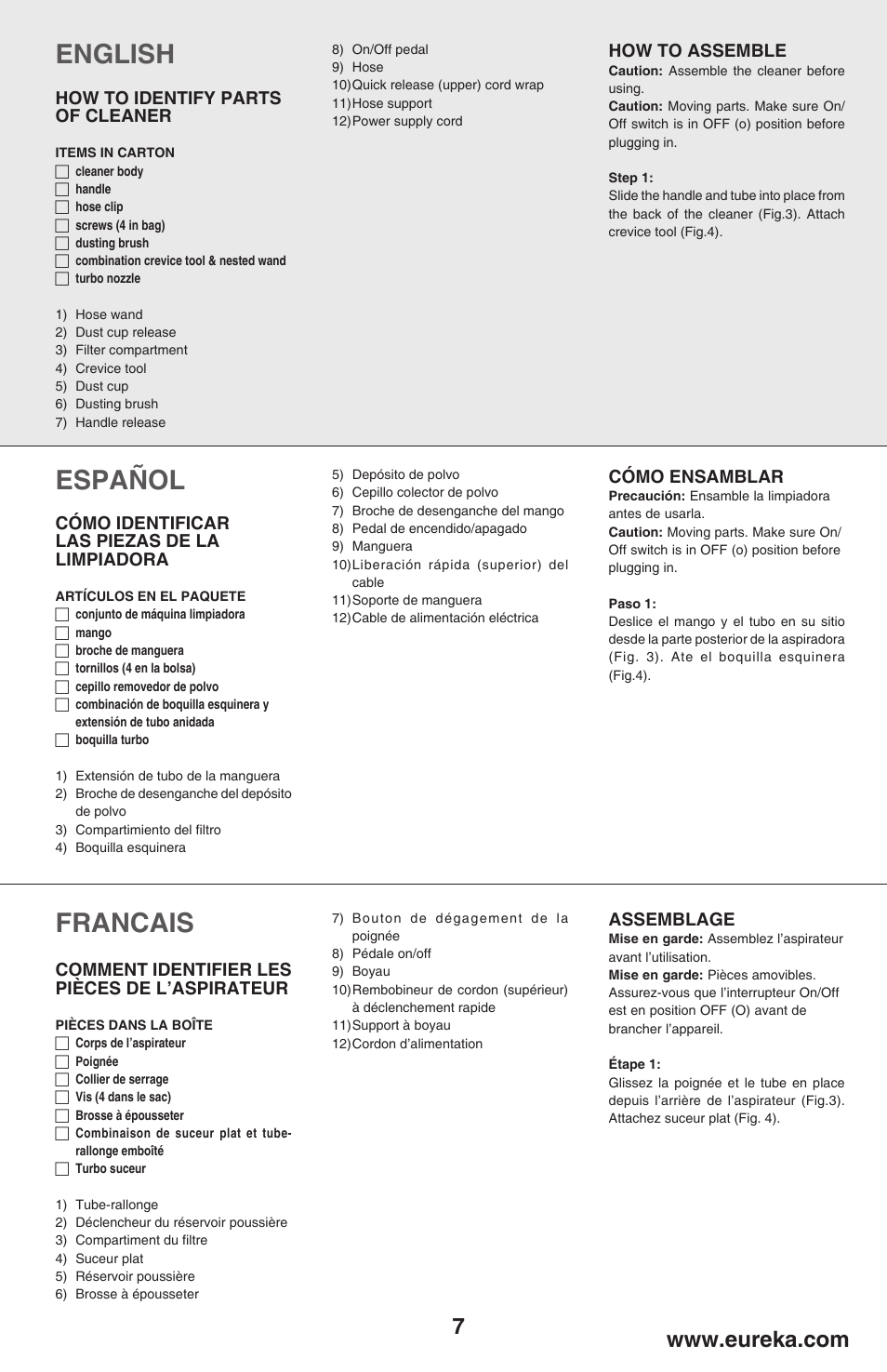 English, Español, Francais | How to identify parts of cleaner, How to assemble, Cómo identificar las piezas de la limpiadora, Cómo ensamblar, Comment identifier les pièces de l’aspirateur, Assemblage | Eureka 450 User Manual | Page 7 / 22