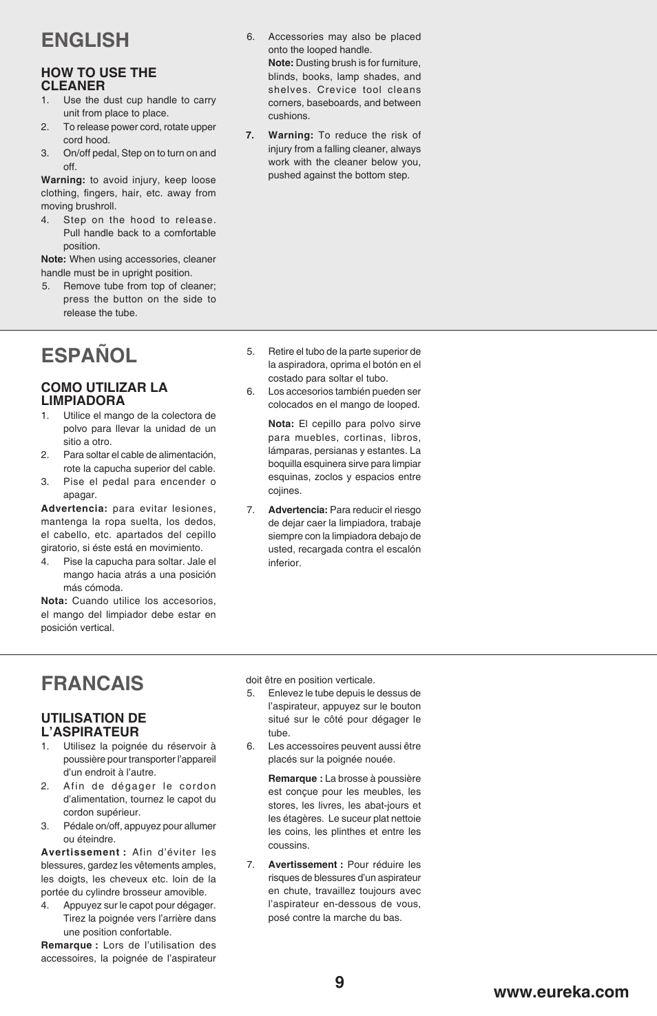 English, Español, Francais | How to use the cleaner, Como utilizar la limpiadora, Utilisation de l’aspirateur | Eureka 450 User Manual | Page 9 / 22