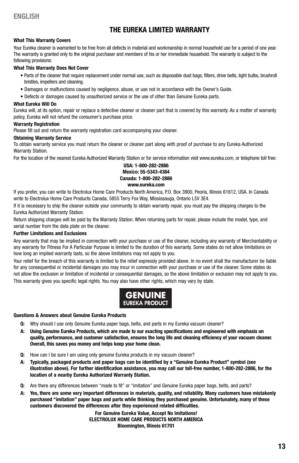 13 the eureka limited warranty, English | Eureka 440 Series User Manual | Page 13 / 15