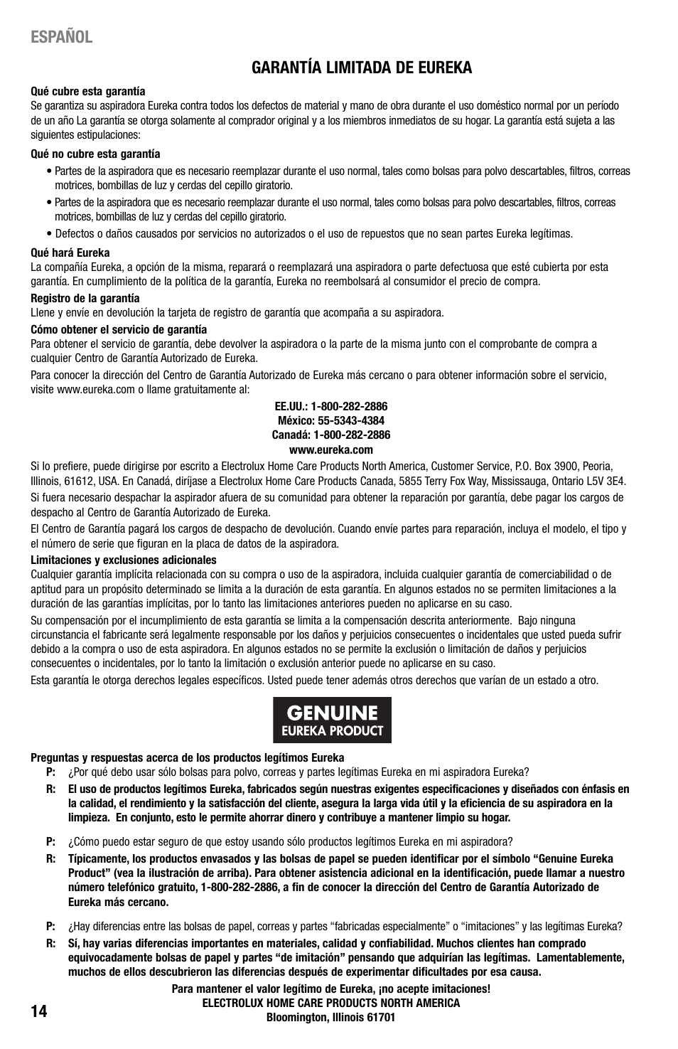 14 garantía limitada de eureka, Español | Eureka 440 Series User Manual | Page 14 / 15