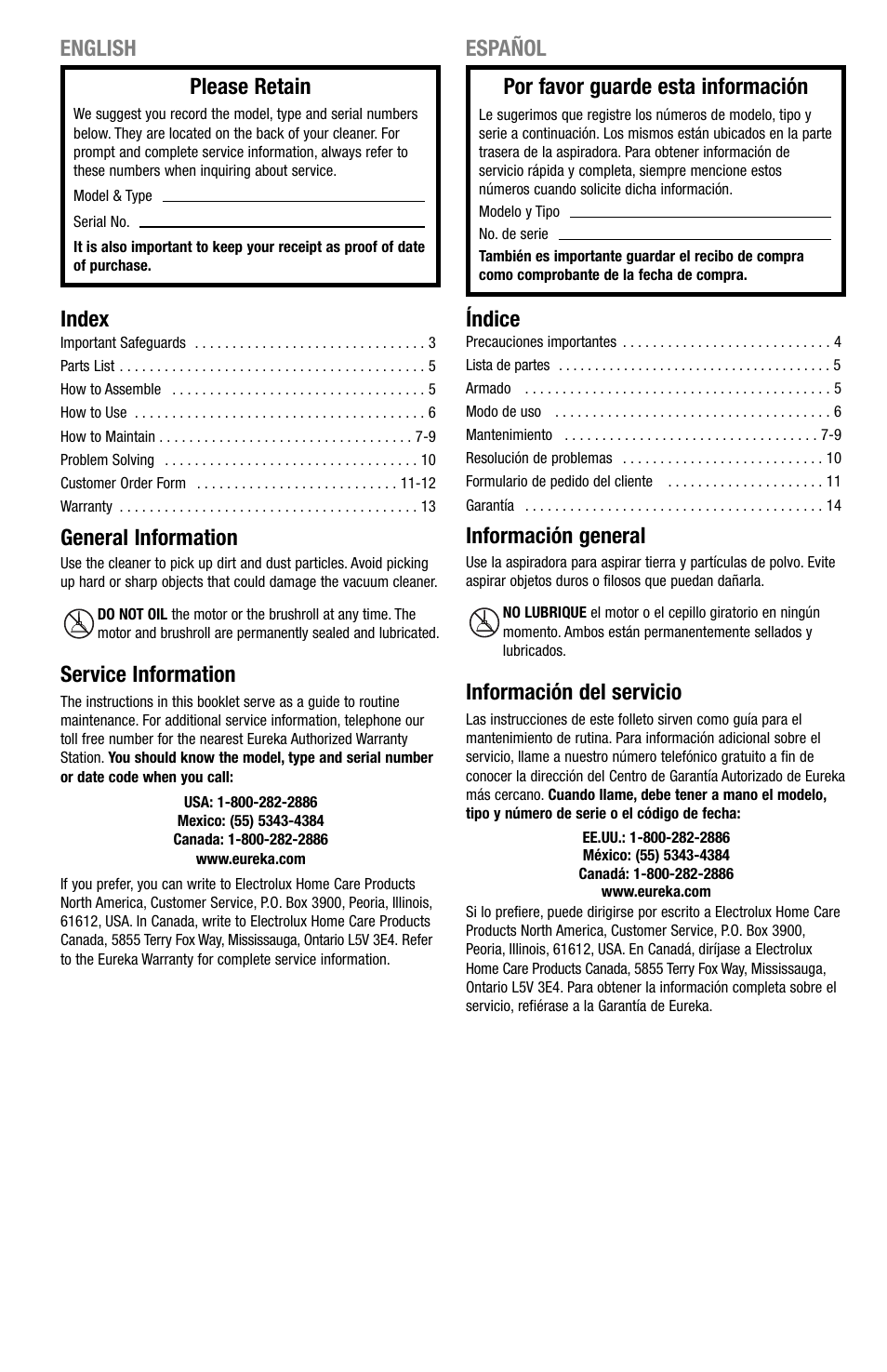 Index, General information, Service information | Índice, Información general, Información del servicio, English español please retain, Por favor guarde esta información | Eureka 440 Series User Manual | Page 2 / 15