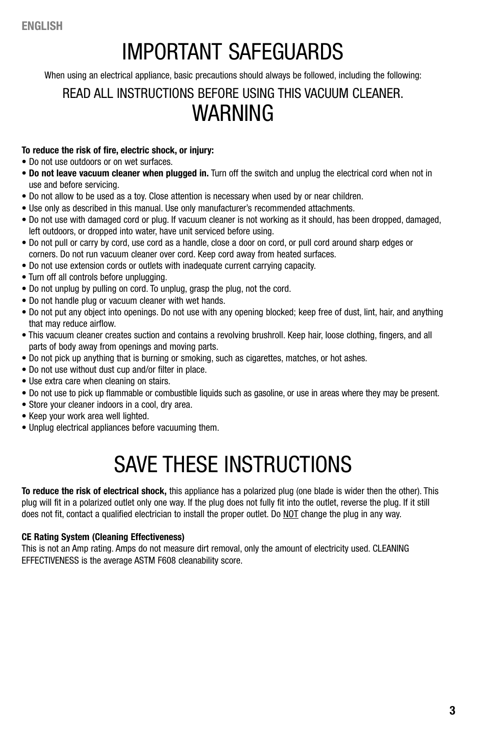 Important safeguards, Warning, Save these instructions | Eureka 440 Series User Manual | Page 3 / 15