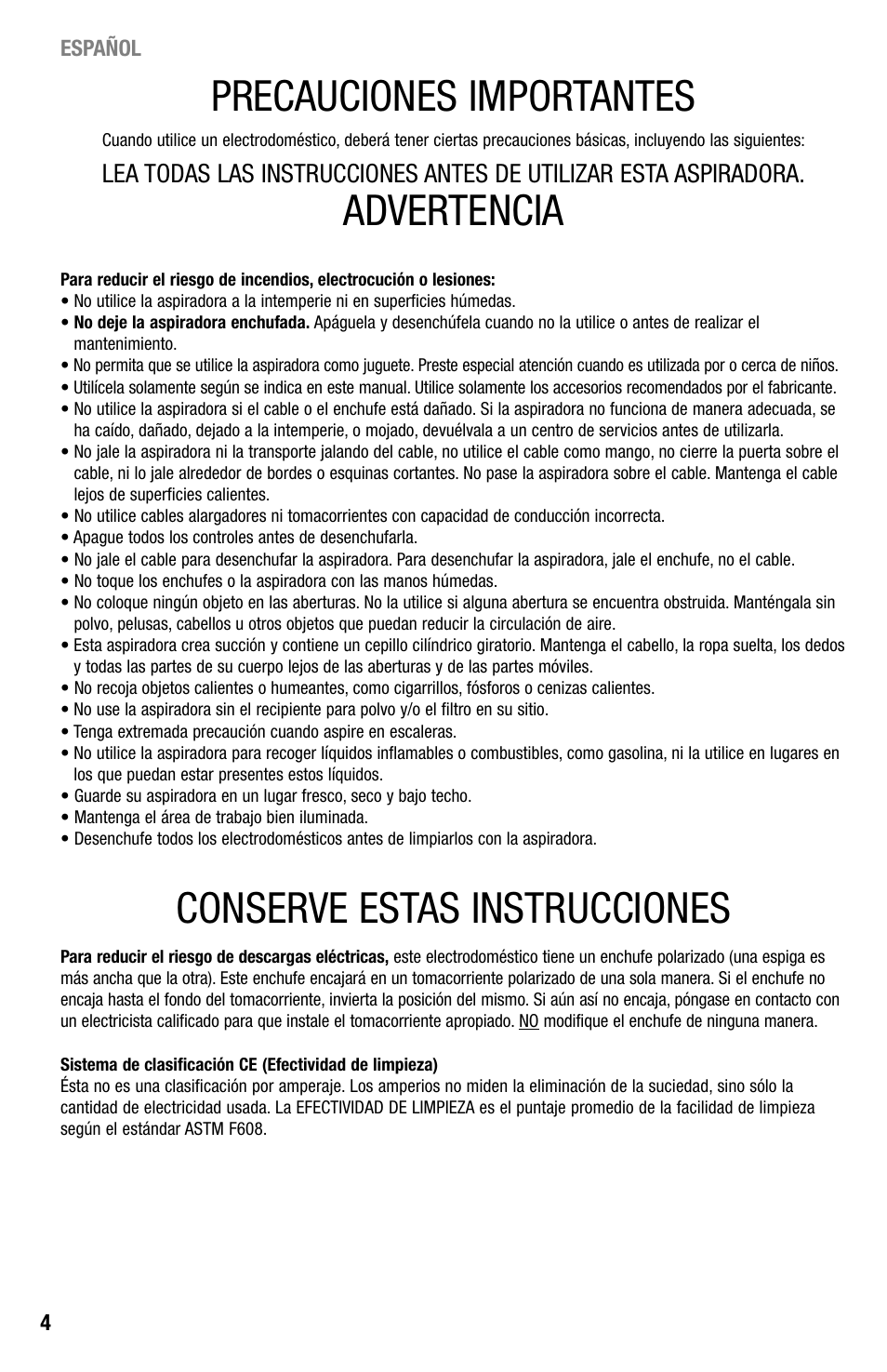 Precauciones importantes, Advertencia, Conserve estas instrucciones | Eureka 440 Series User Manual | Page 4 / 15