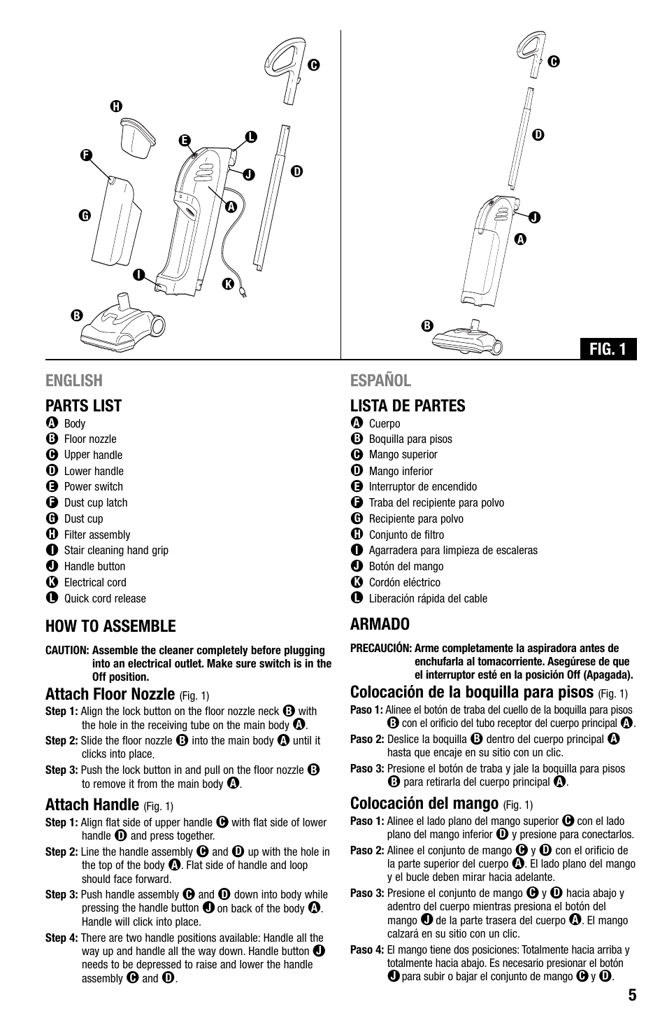 Fig. 1 5 english parts list, How to assemble, Attach floor nozzle | Attach handle, Español lista de partes, Armado, Colocación de la boquilla para pisos, Colocación del mango | Eureka 440 Series User Manual | Page 5 / 15