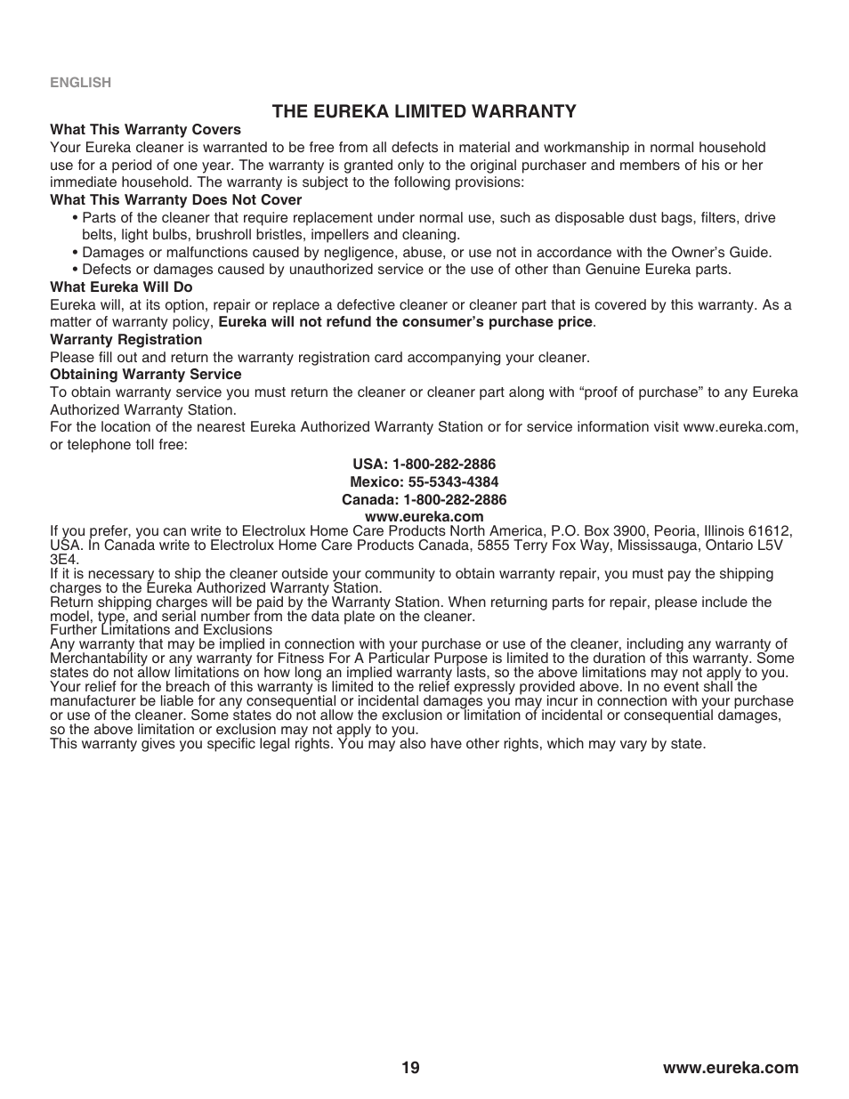 The eureka limited warranty | Eureka Air Extreme 6500 User Manual | Page 19 / 22