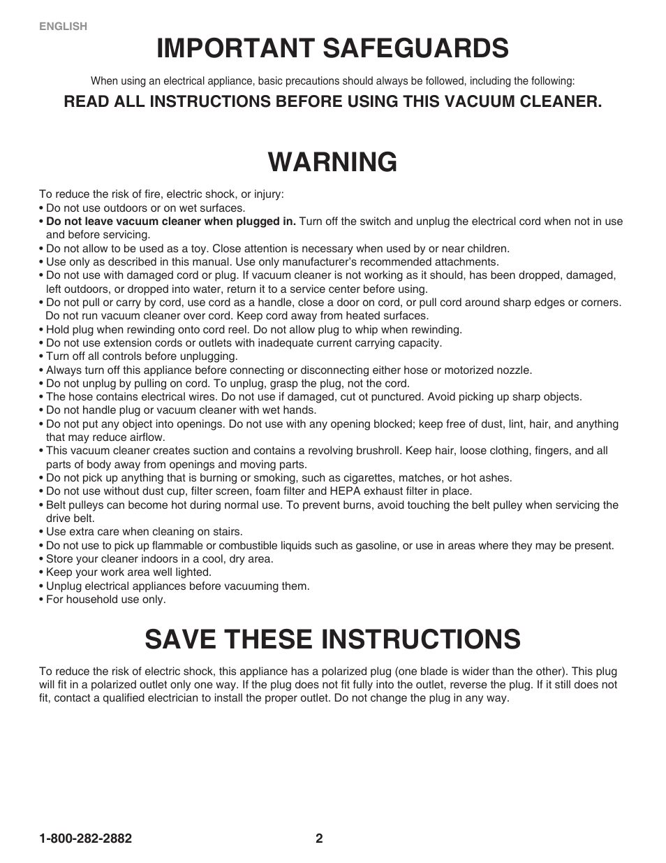 Important safeguards, Warning, Save these instructions | Eureka Air Extreme 6500 User Manual | Page 2 / 22