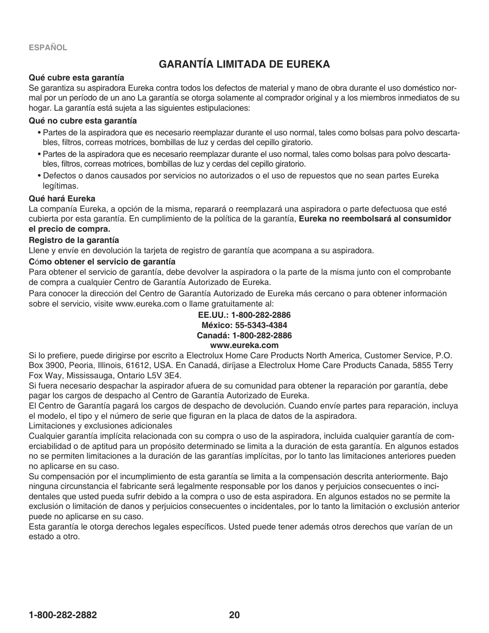 Garantía limitada de eureka | Eureka Air Extreme 6500 User Manual | Page 20 / 22