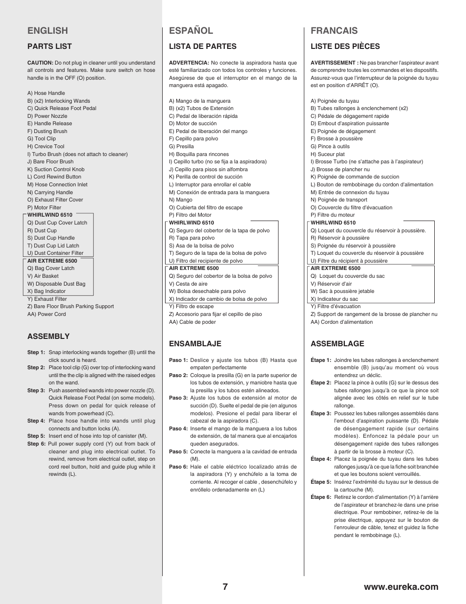 Español, Francais, Parts list | Assembly, Lista de partes, Ensamblaje, Liste des pièces, Assemblage | Eureka Air Extreme 6500 User Manual | Page 7 / 22