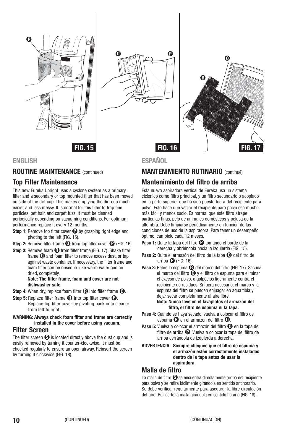 English routine maintenance, Top filter maintenance, Filter screen | Español mantenimiento rutinario, Mantenimiento del filtro de arriba, Malla de filtro | Eureka 2940-2969 Series User Manual | Page 10 / 20