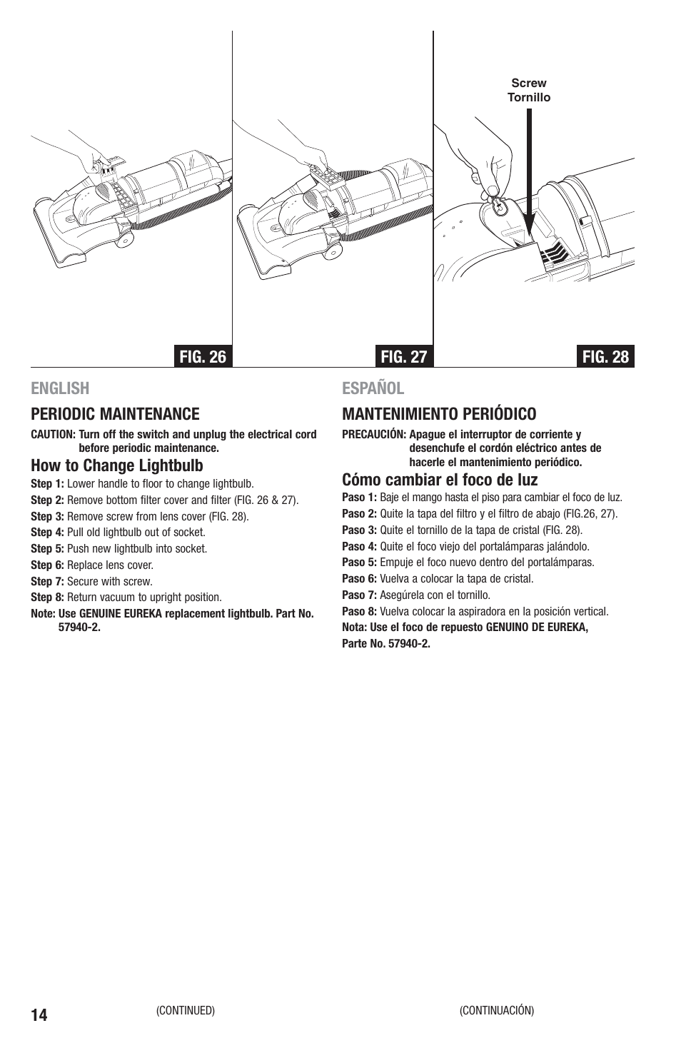 14 english periodic maintenance, How to change lightbulb, Español mantenimiento periódico | Cómo cambiar el foco de luz | Eureka 2940-2969 Series User Manual | Page 14 / 20