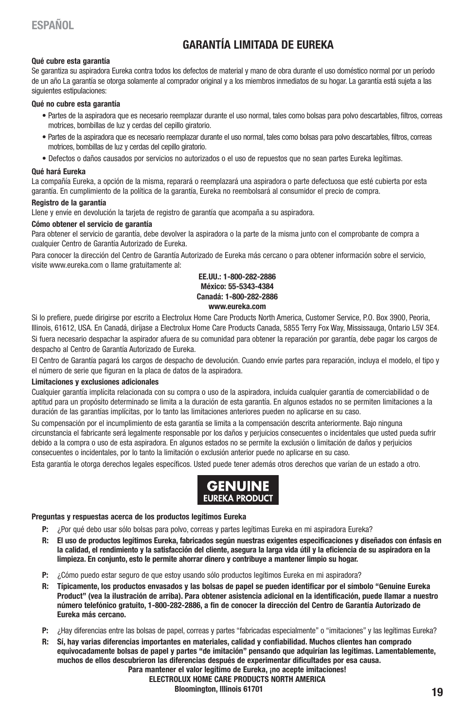 Garantía limitada de eureka, Español 19 | Eureka 2940-2969 Series User Manual | Page 19 / 20