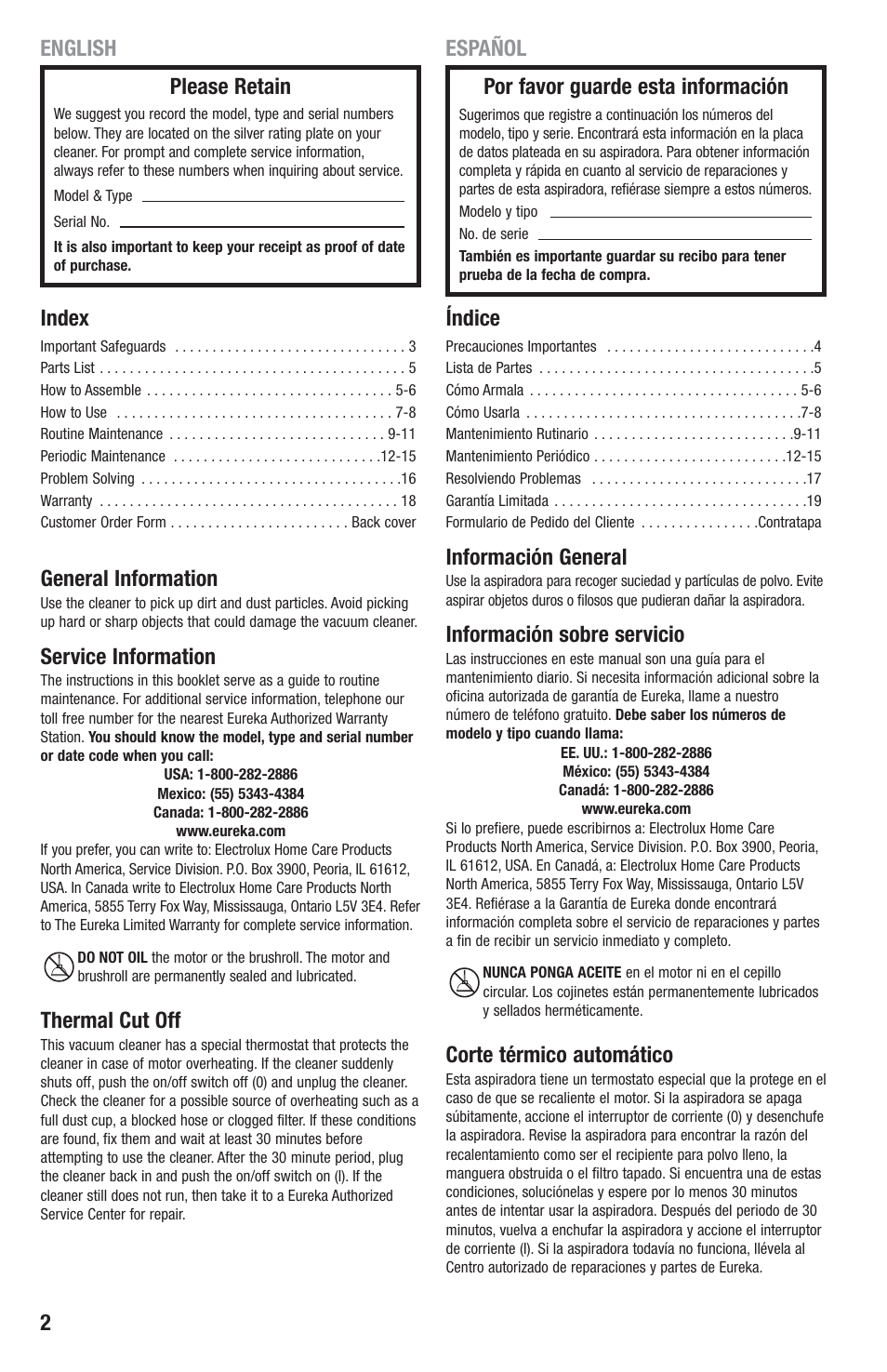 Index, General information, Service information | Thermal cut off, Índice, Información general, Información sobre servicio, Corte térmico automático, English español please retain, Por favor guarde esta información | Eureka 2940-2969 Series User Manual | Page 2 / 20