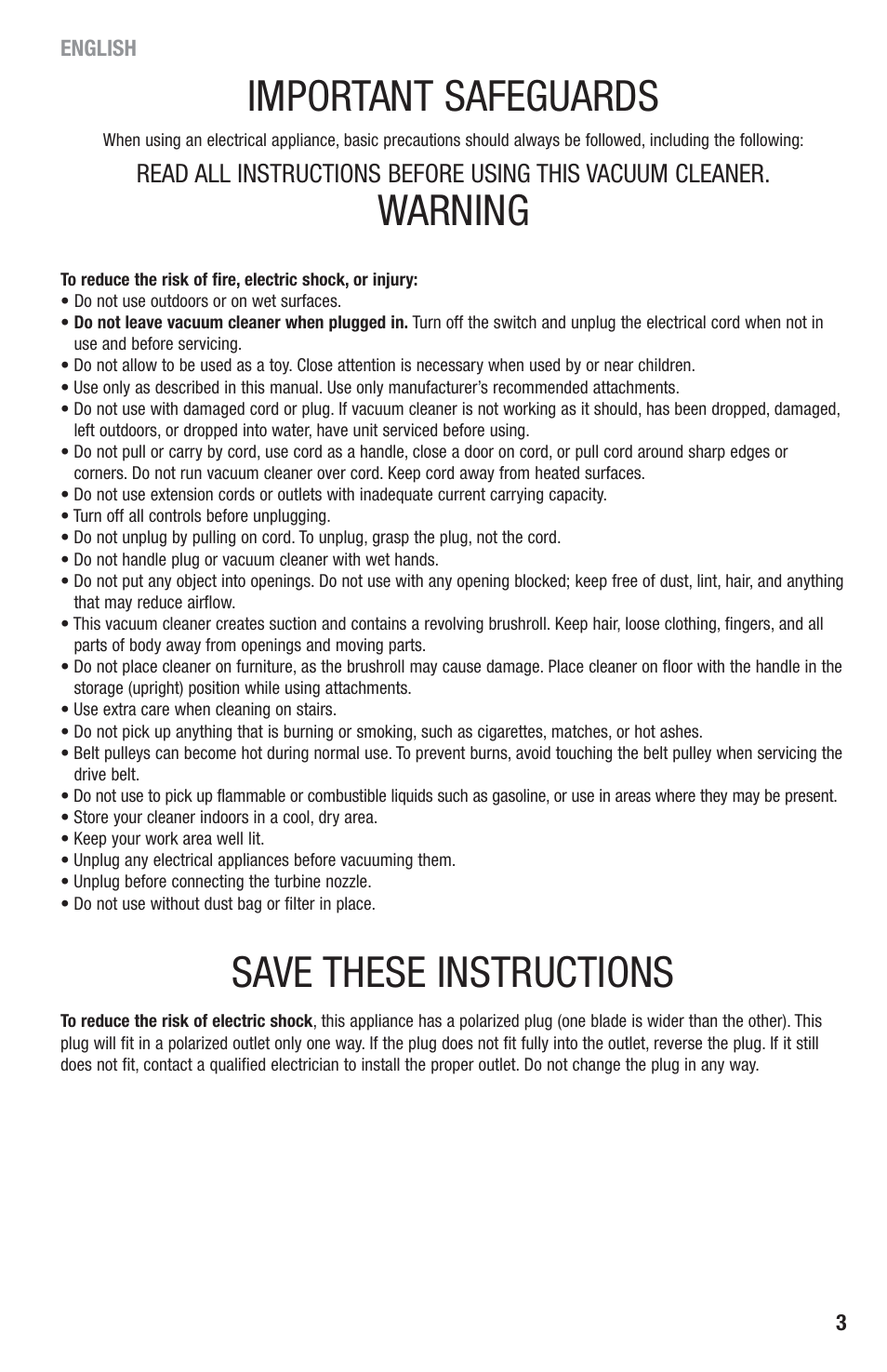 Important safeguards, Warning, Save these instructions | Eureka 2940-2969 Series User Manual | Page 3 / 20