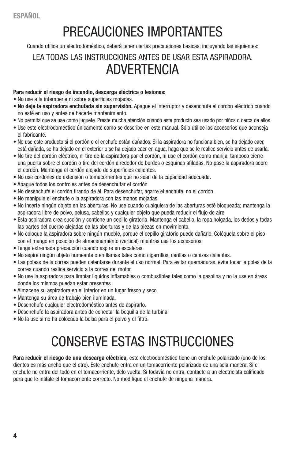 Precauciones importantes, Advertencia, Conserve estas instrucciones | Eureka 2940-2969 Series User Manual | Page 4 / 20