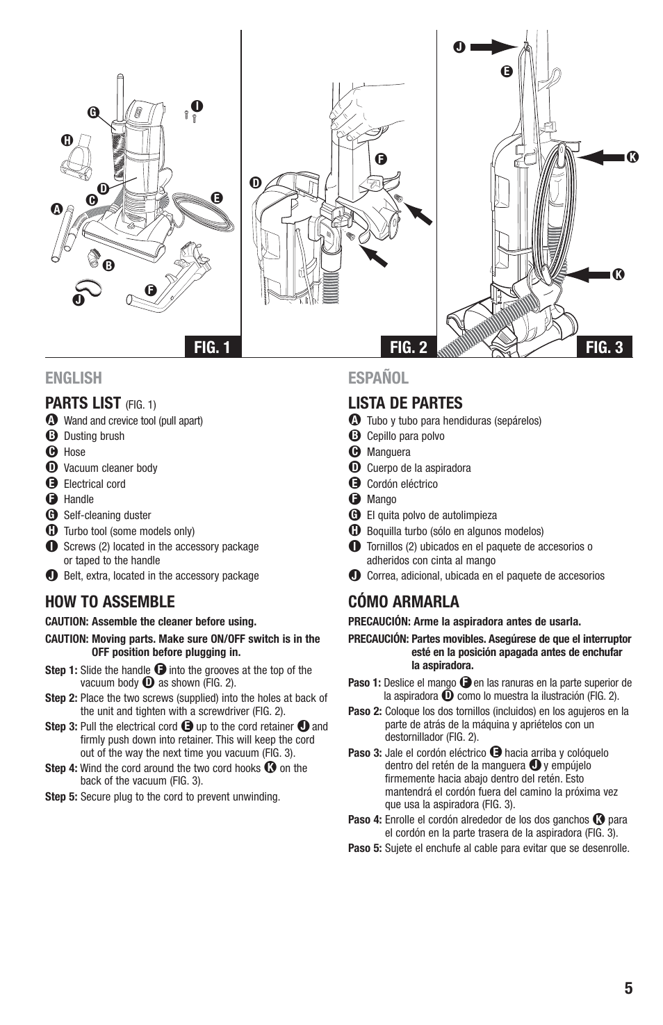 Fig. 1 fig. 2 fig. 3 5, English parts list, How to assemble | Español lista de partes, Cómo armarla | Eureka 2940-2969 Series User Manual | Page 5 / 20
