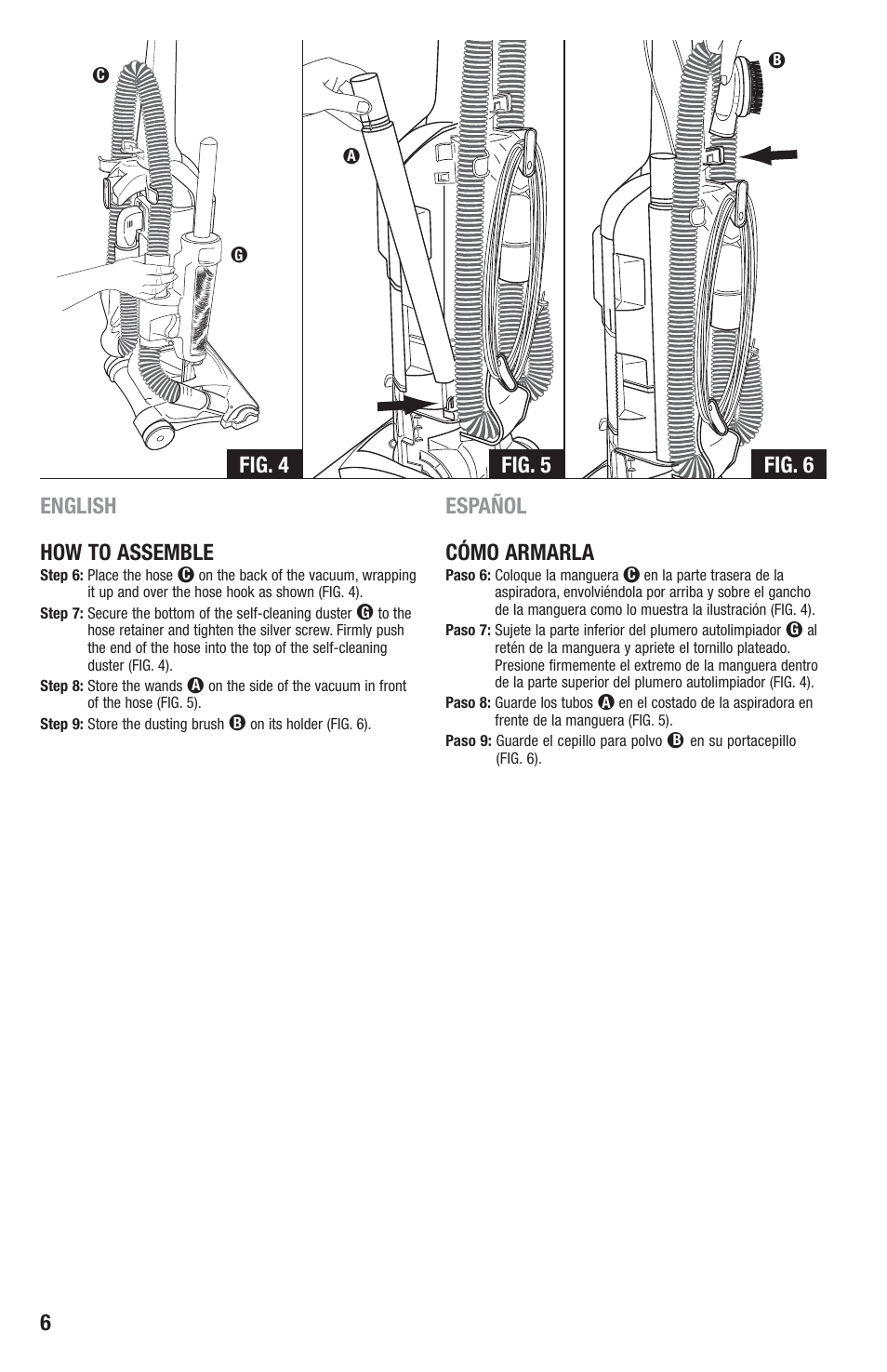 English how to assemble, Español cómo armarla, Fig. 4 fig. 5 fig. 6 | Eureka 2940-2969 Series User Manual | Page 6 / 20