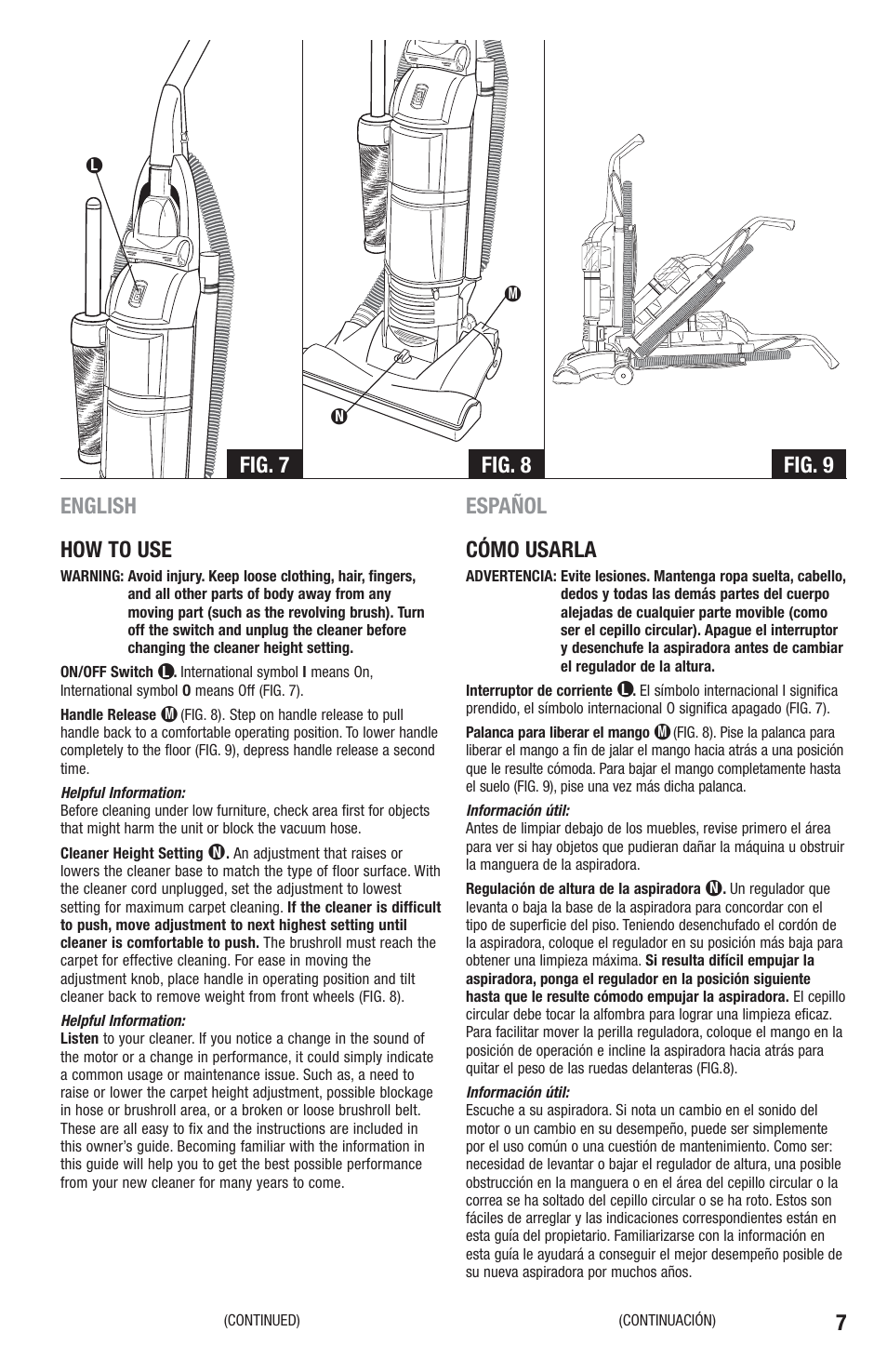 English how to use, Español cómo usarla, Fig. 7 fig. 8 fig. 9 | Eureka 2940-2969 Series User Manual | Page 7 / 20