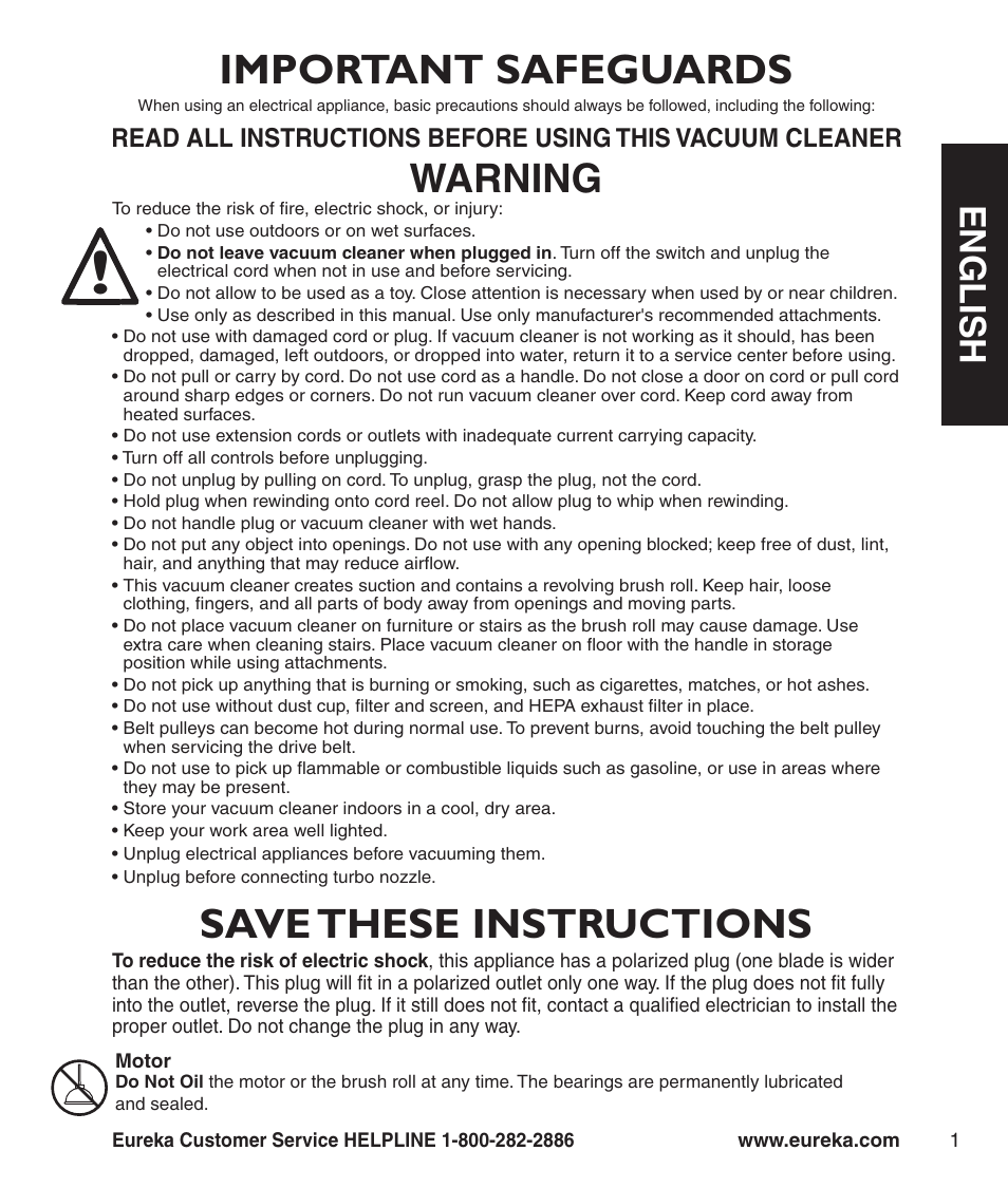 Save these instructions, Important safeguards, Warning | En g l is h | Eureka 4230 Series User Manual | Page 3 / 8