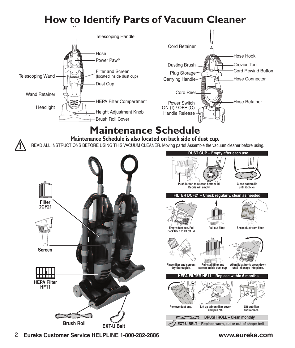 How to identify parts of vacuum cleaner, Maintenance schedule | Eureka 4230 Series User Manual | Page 4 / 8